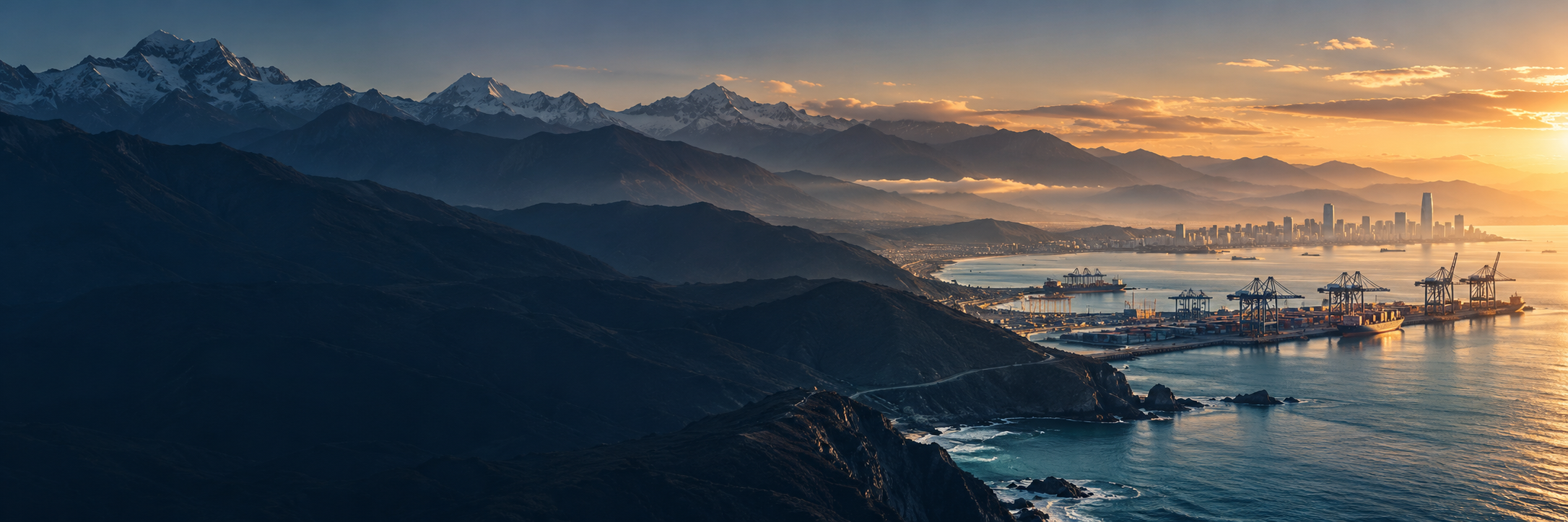 Illustrative Landschaft aus Anden, Pazifikküste und Hafen im Morgenlicht